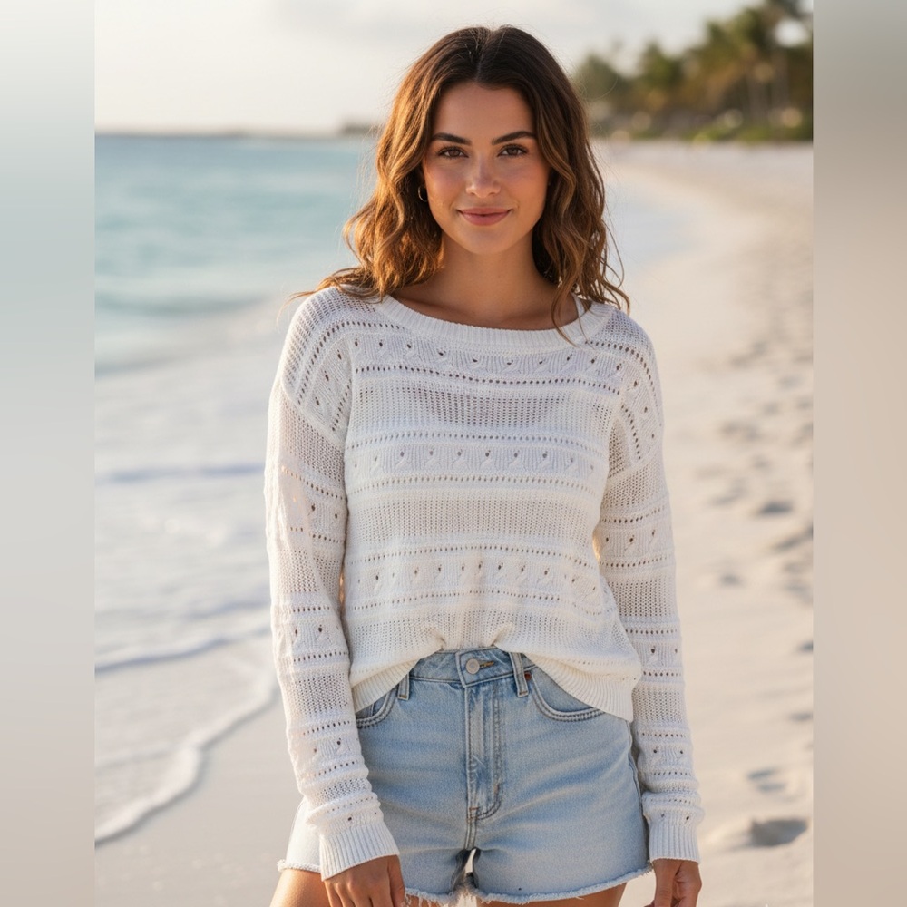 IDEM DITTO Women’s White Cream Knit Sweater with Macrame Accents